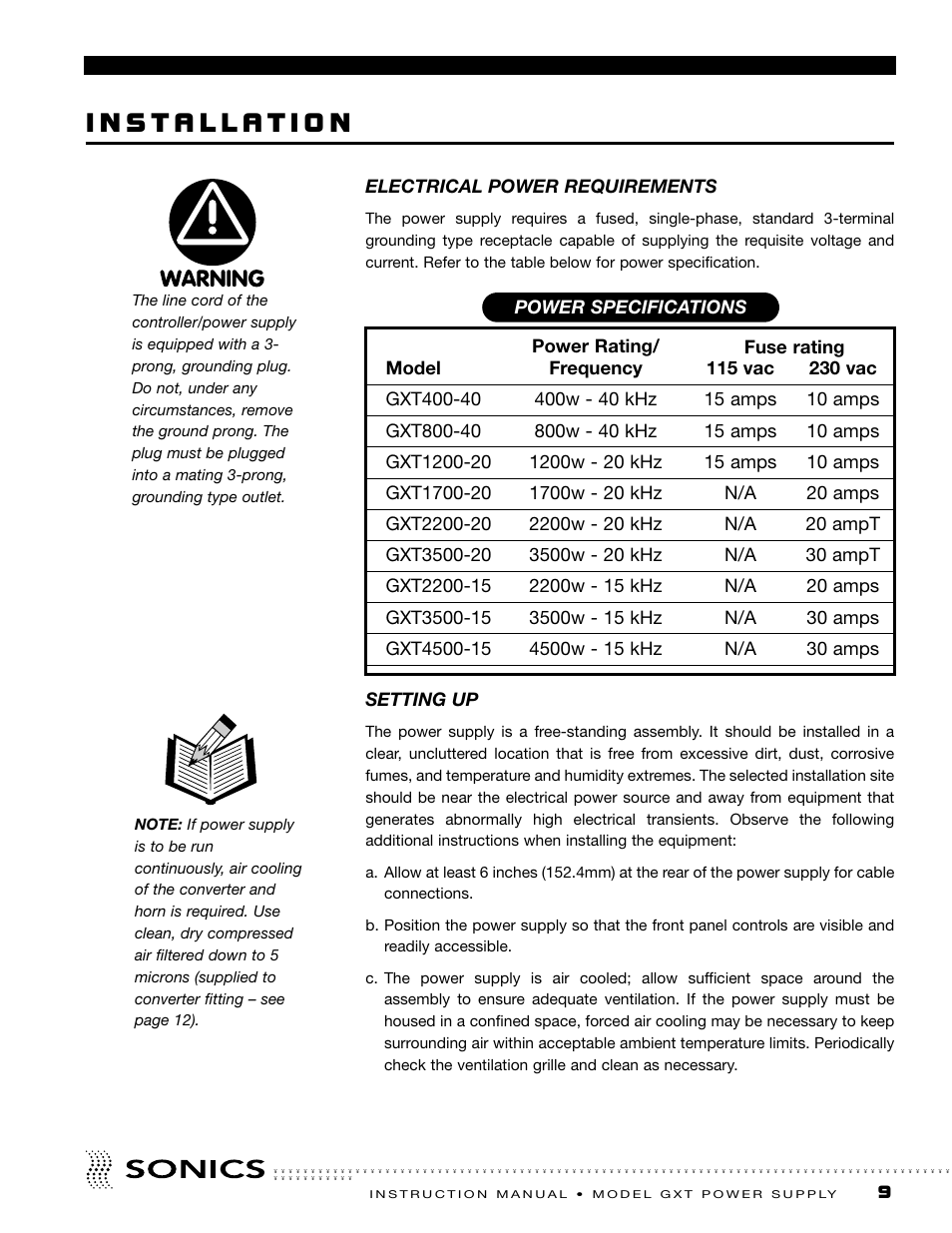 Installation, Electrical power requirements, Setting up | Sonics GXT User Manual | Page 10 / 51