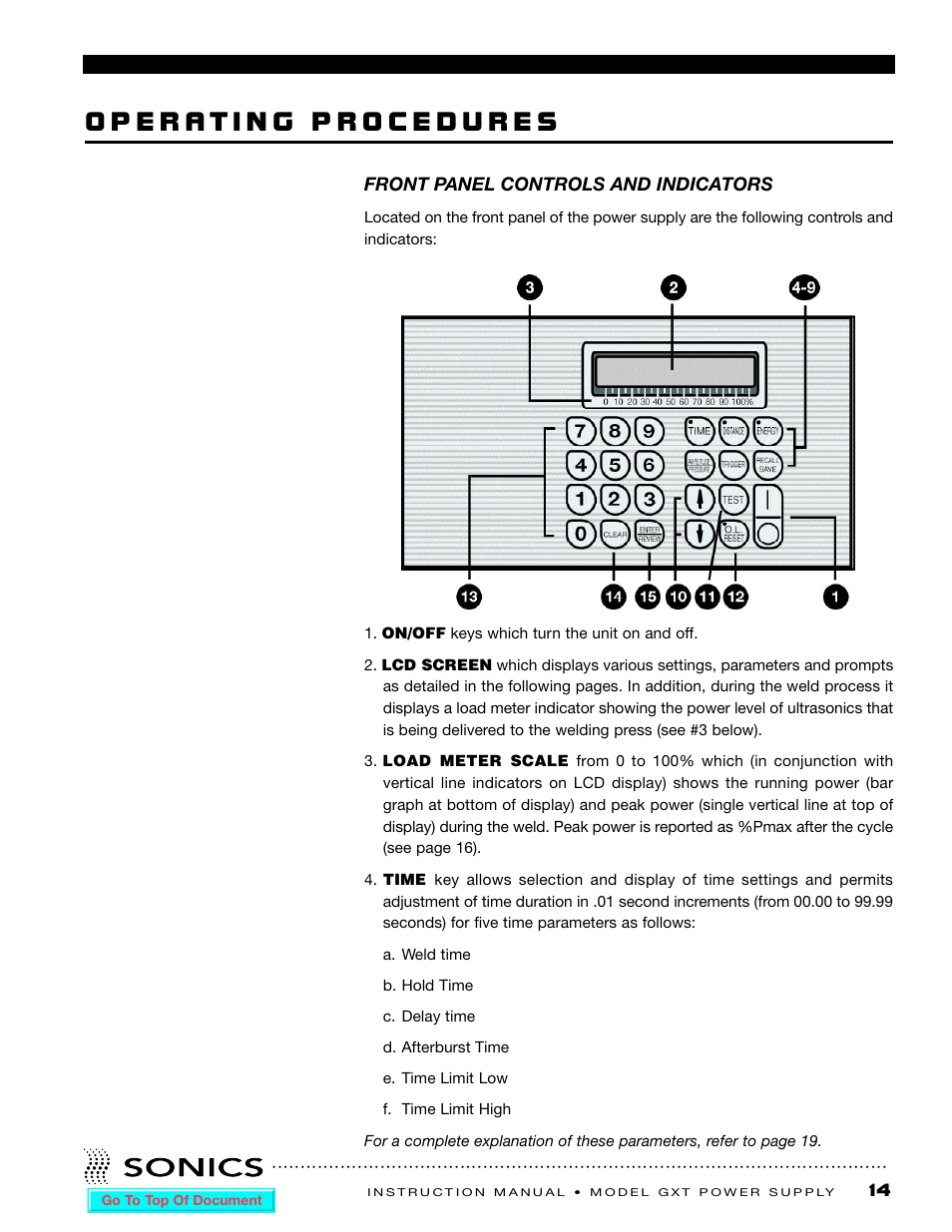 Operating procedures, Front panel controls and indicators | Sonics GXT User Manual | Page 15 / 51