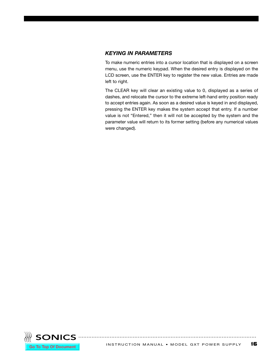 Keying in parameters | Sonics GXT User Manual | Page 17 / 51