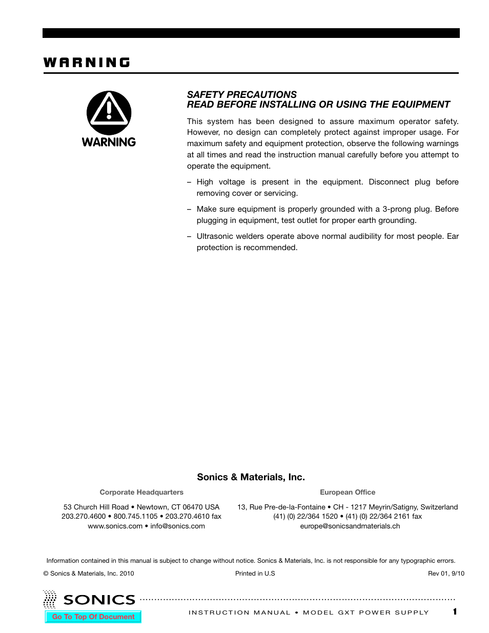 Safety precautions, Sonics & materials, inc | Sonics GXT User Manual | Page 2 / 51