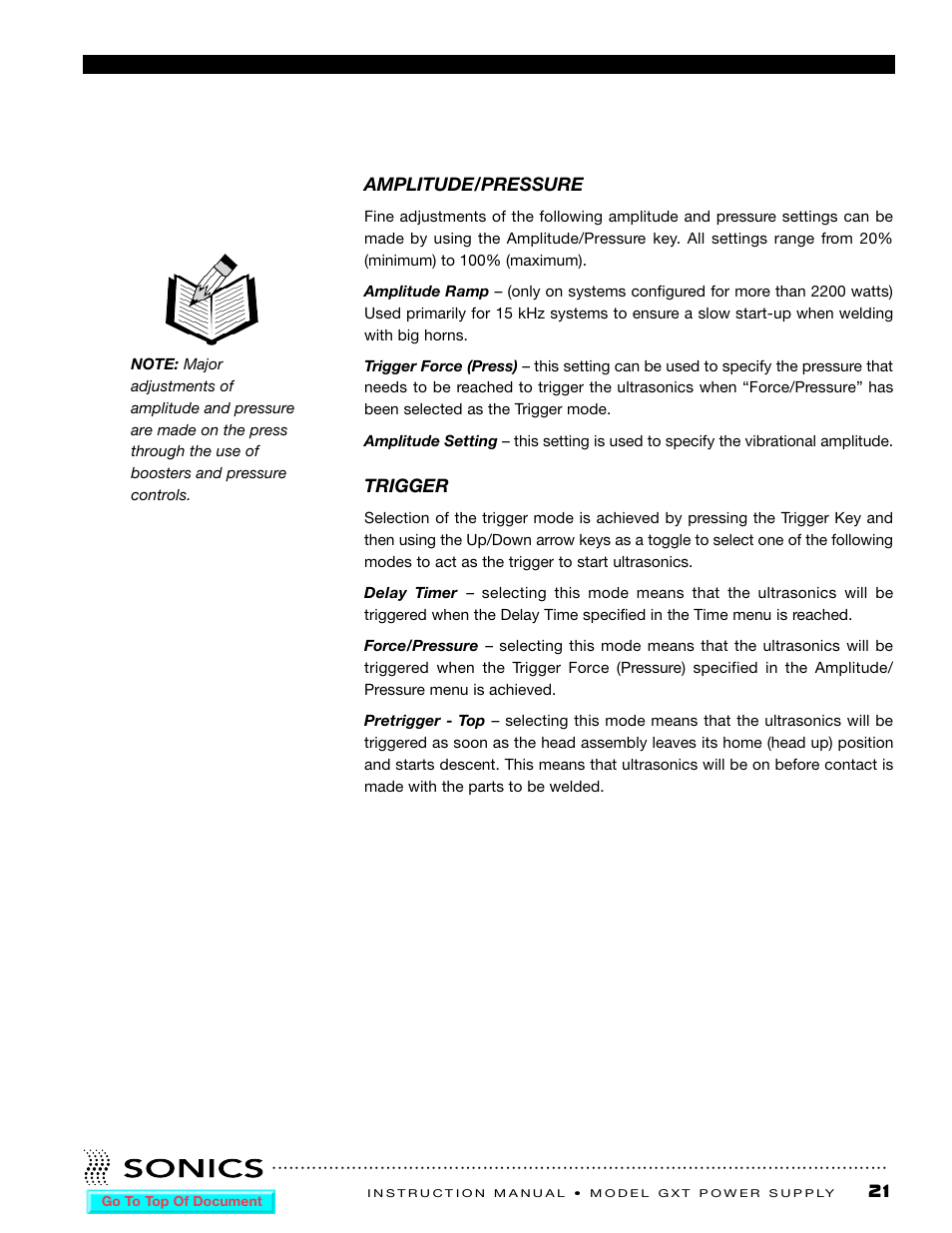 Amplitude/pressure, Trigger | Sonics GXT User Manual | Page 22 / 51