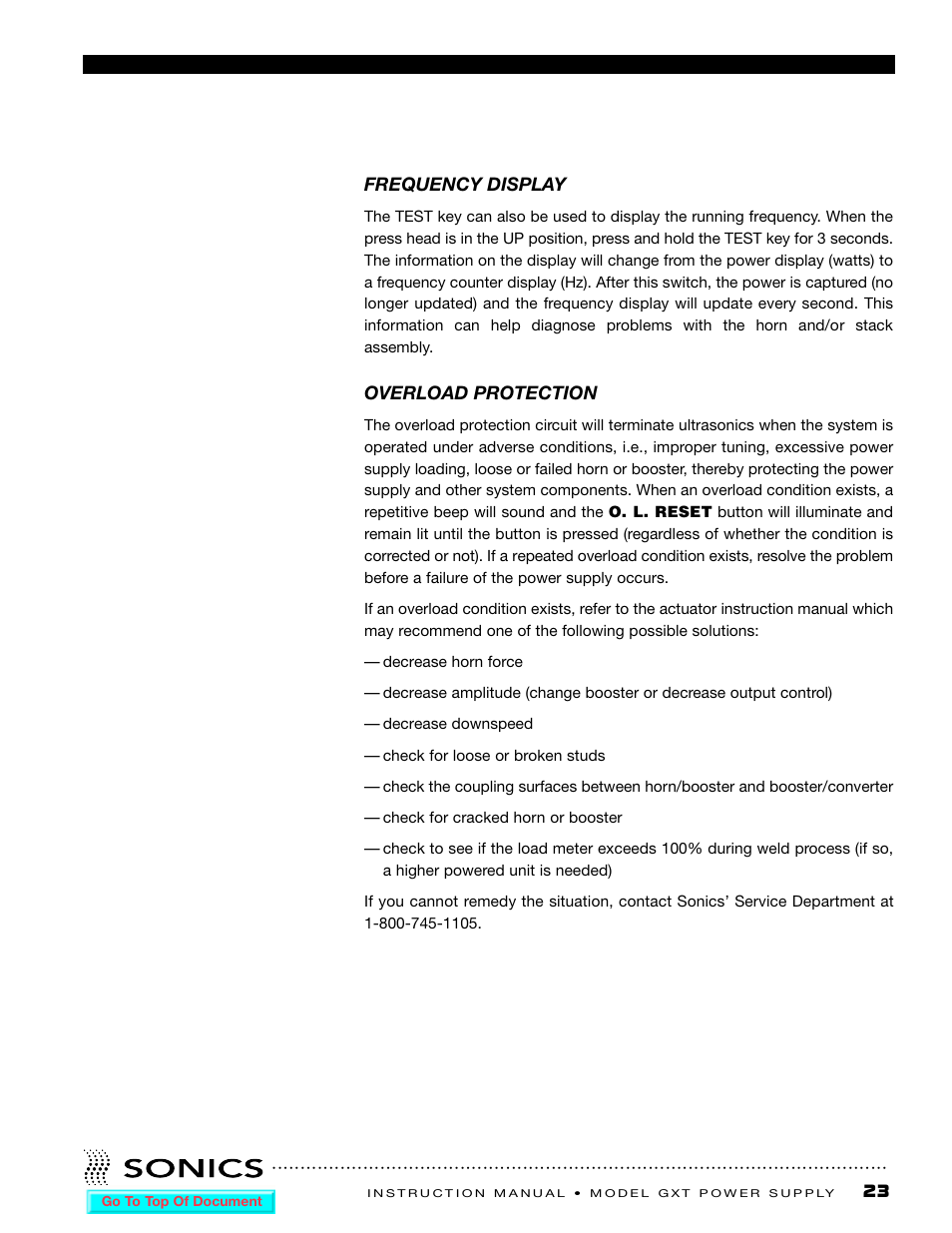 Frequency display, Overload protection | Sonics GXT User Manual | Page 24 / 51