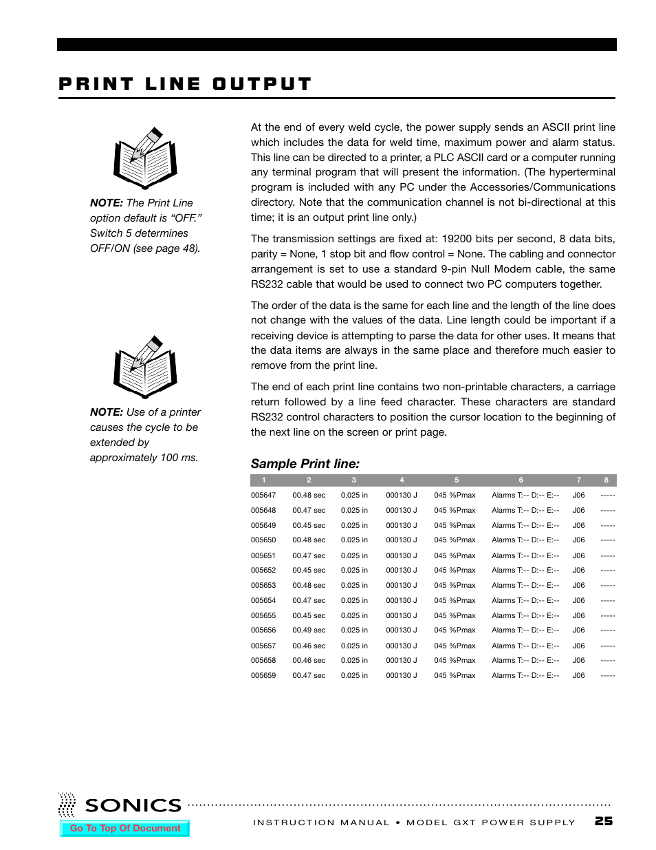 Print line output, Sample print line | Sonics GXT User Manual | Page 26 / 51