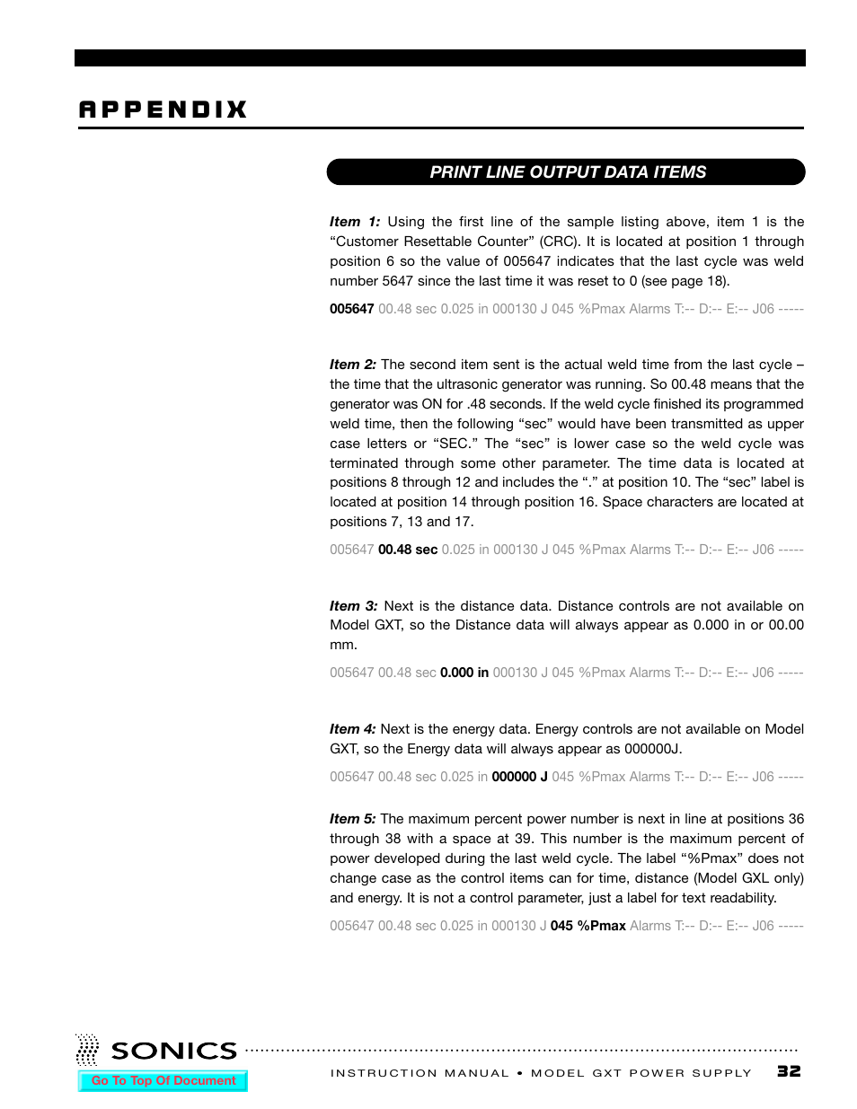 Appendix, Print line output data items | Sonics GXT User Manual | Page 34 / 51