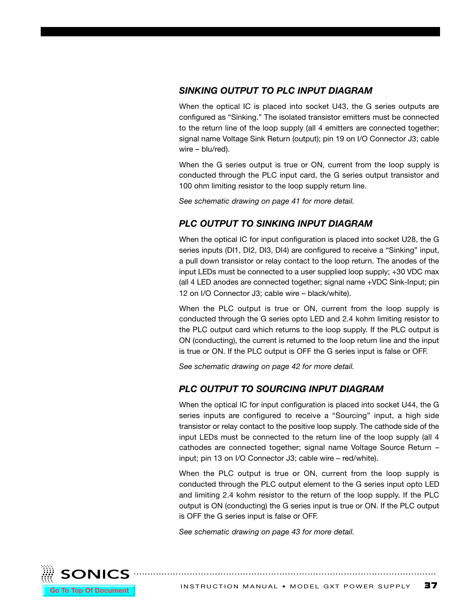 Sinking output to plc input diagram, Plc output to sinking input diagram, Plc output to sourcing input diagram | Sonics GXT User Manual | Page 39 / 51