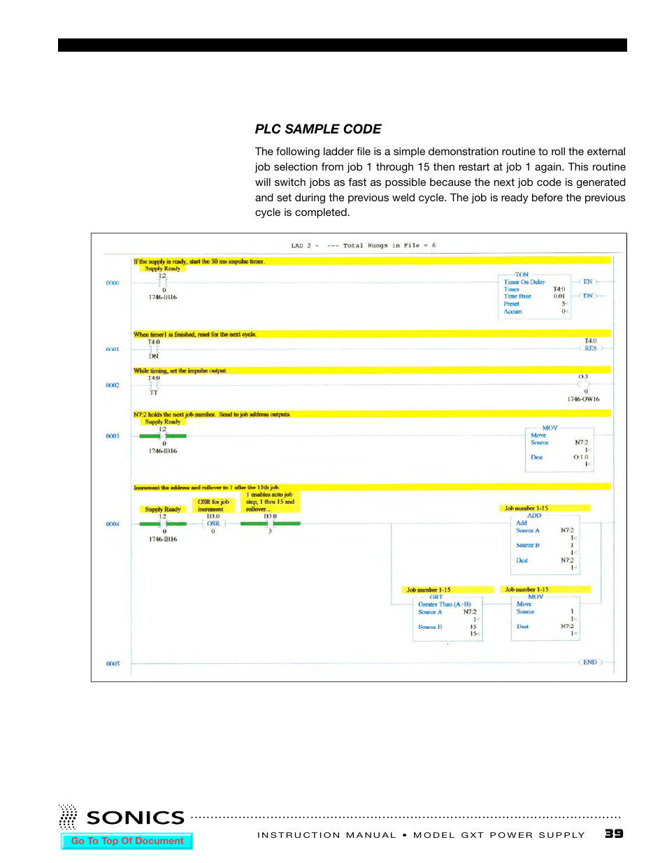 Plc sample code, 39 plc sample code | Sonics GXT User Manual | Page 41 / 51