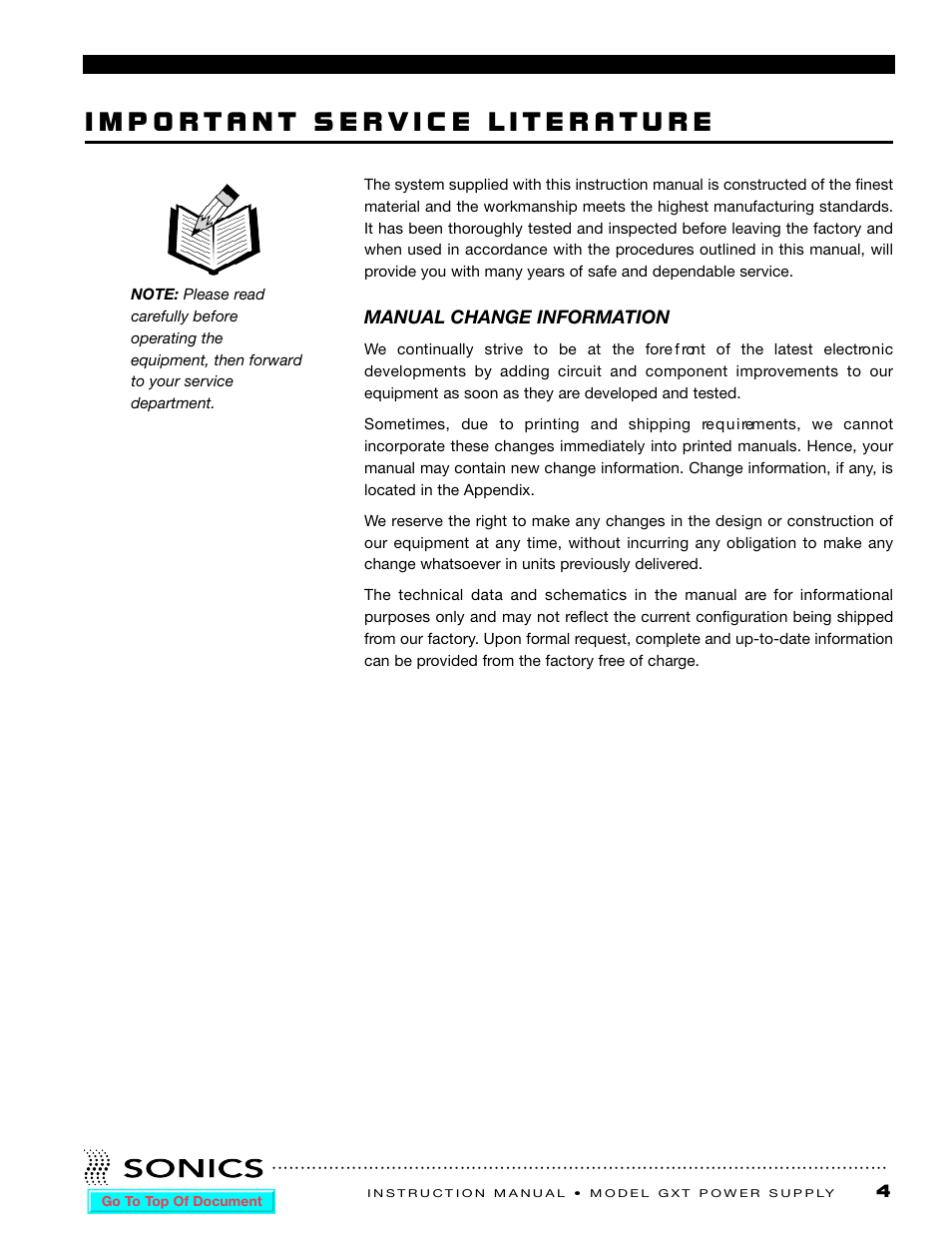 Important service literature, Manual change information | Sonics GXT User Manual | Page 5 / 51