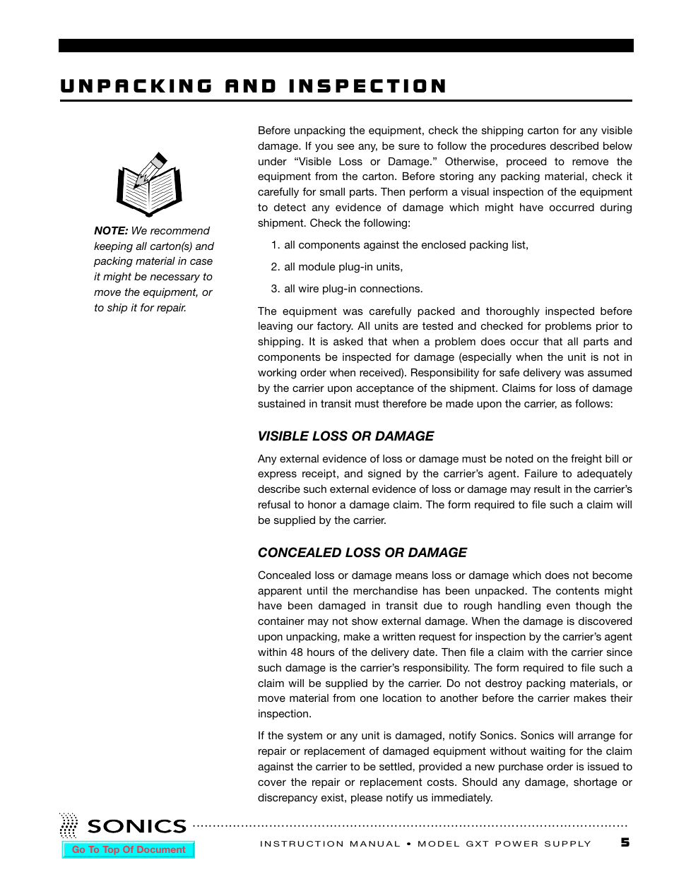 Unpacking and inspection, Visible loss or damage, Concealed loss or damage | Sonics GXT User Manual | Page 6 / 51