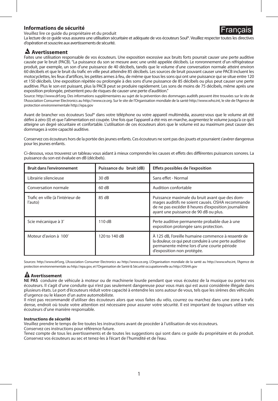 Français, Informations de sécurité, Avertissement | Soul Electronics SL99 User Manual | Page 11 / 48