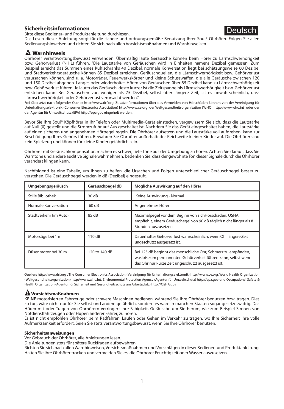 Deutsch, Sicherheitsinformationen, Warnhinweis | Soul Electronics SL99 User Manual | Page 8 / 48