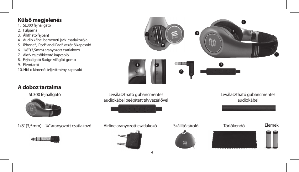 Külső megjelenés, A doboz tartalma | Soul Electronics SL300 User Manual | Page 126 / 183