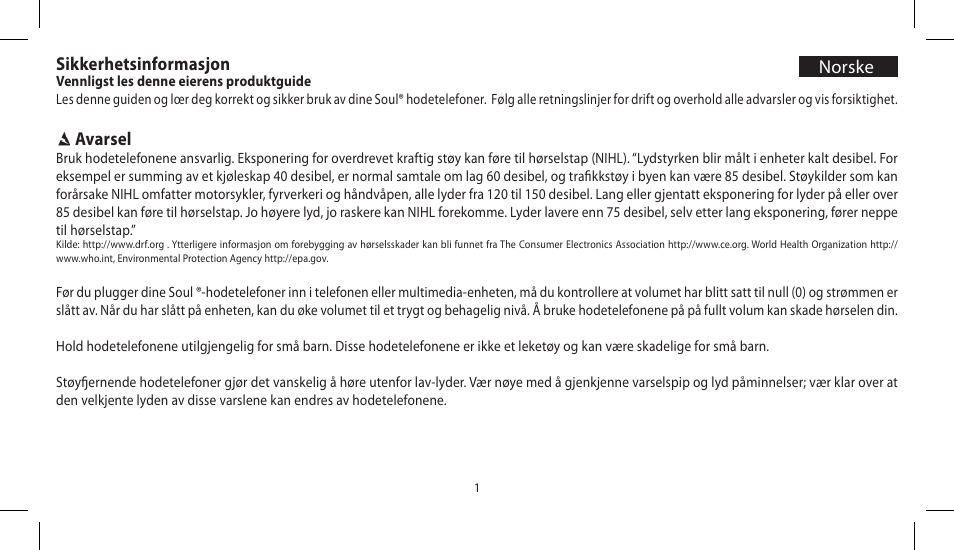 Sikkerhetsinformasjon, Avarsel, Norske | Soul Electronics SL300 User Manual | Page 135 / 183