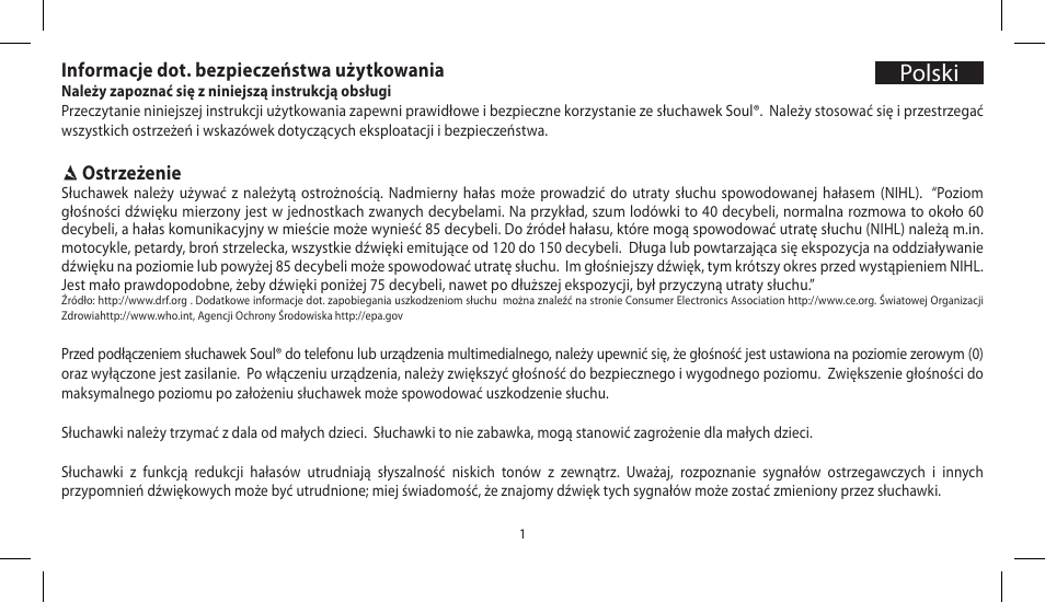 Polski, Informacje dot. bezpieczeństwa użytkowania, Ostrzeżenie | Soul Electronics SL300 User Manual | Page 147 / 183