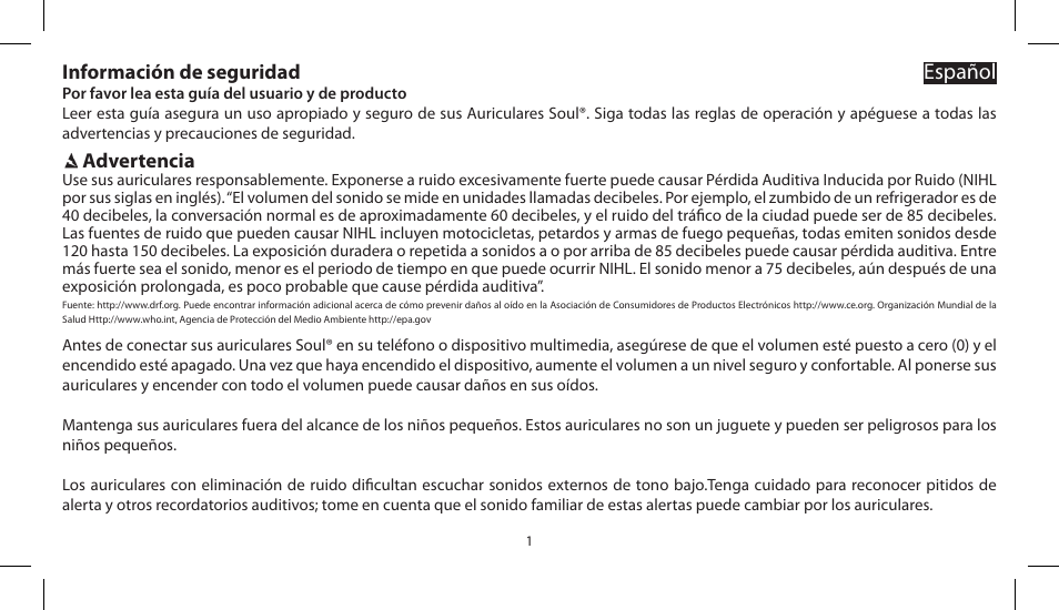 Español, Información de seguridad, Advertencia | Soul Electronics SL300 User Manual | Page 15 / 183