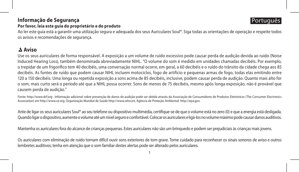 Português, Informação de segurança, Aviso | Soul Electronics SL300 User Manual | Page 75 / 183