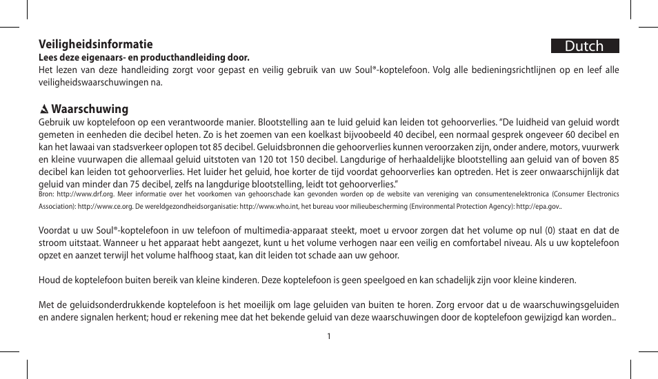 Dutch, Veiligheidsinformatie, Waarschuwing | Soul Electronics SL300 User Manual | Page 87 / 183