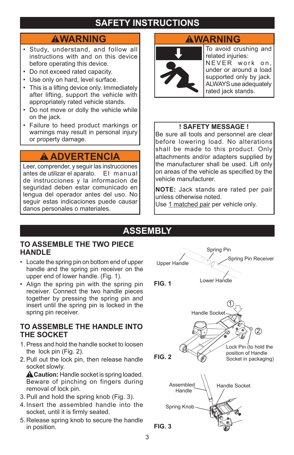 Warning, Advertencia, Safety instructions assembly | Craftsman FLOOR JACK 50156 User Manual | Page 3 / 8