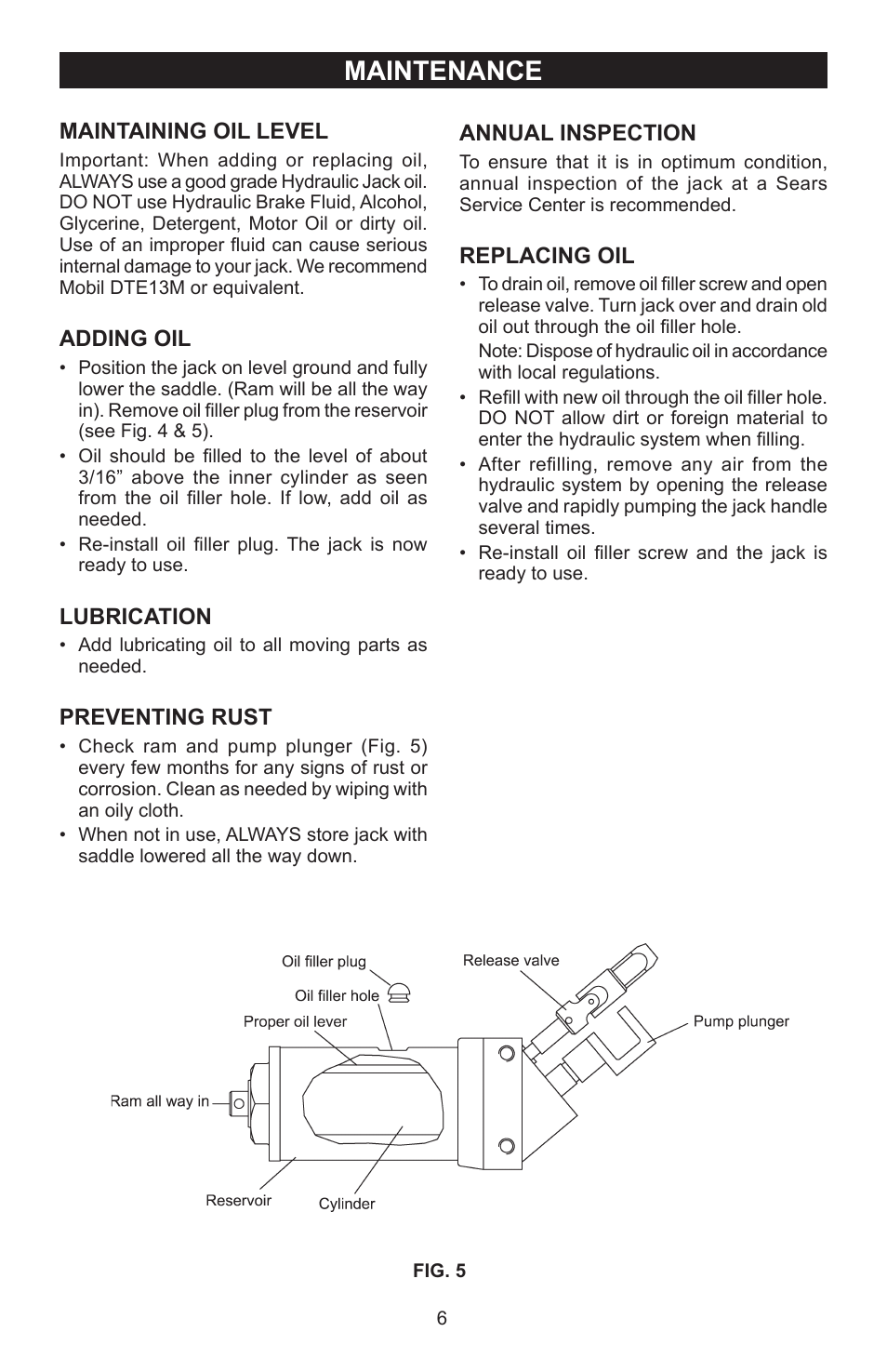 Maintenance | Craftsman FLOOR JACK 50156 User Manual | Page 6 / 8