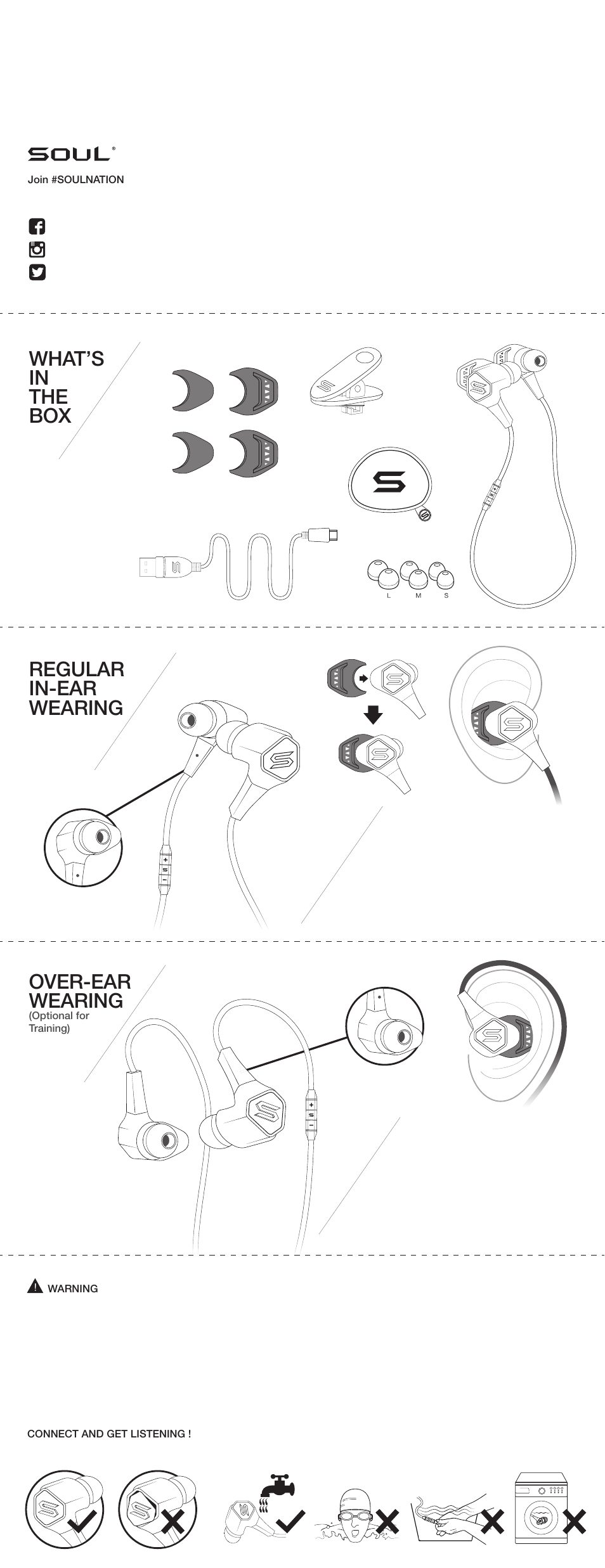 Regular in-ear wearing, Over-ear wearing, What’s in the box | Soul Electronics Run Free Pro User Manual | Page 2 / 16