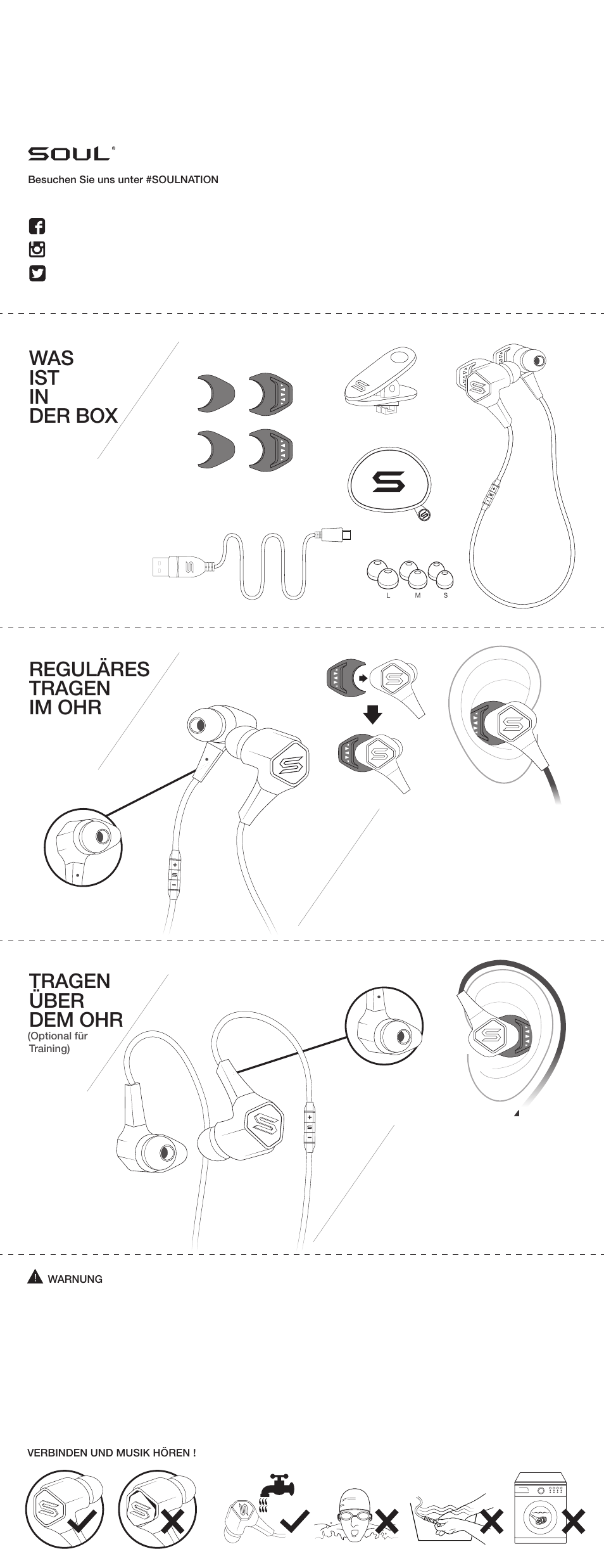 Reguläres tragen im ohr, Tragen über dem ohr, Was ist in der box | Soul Electronics Run Free Pro User Manual | Page 6 / 16