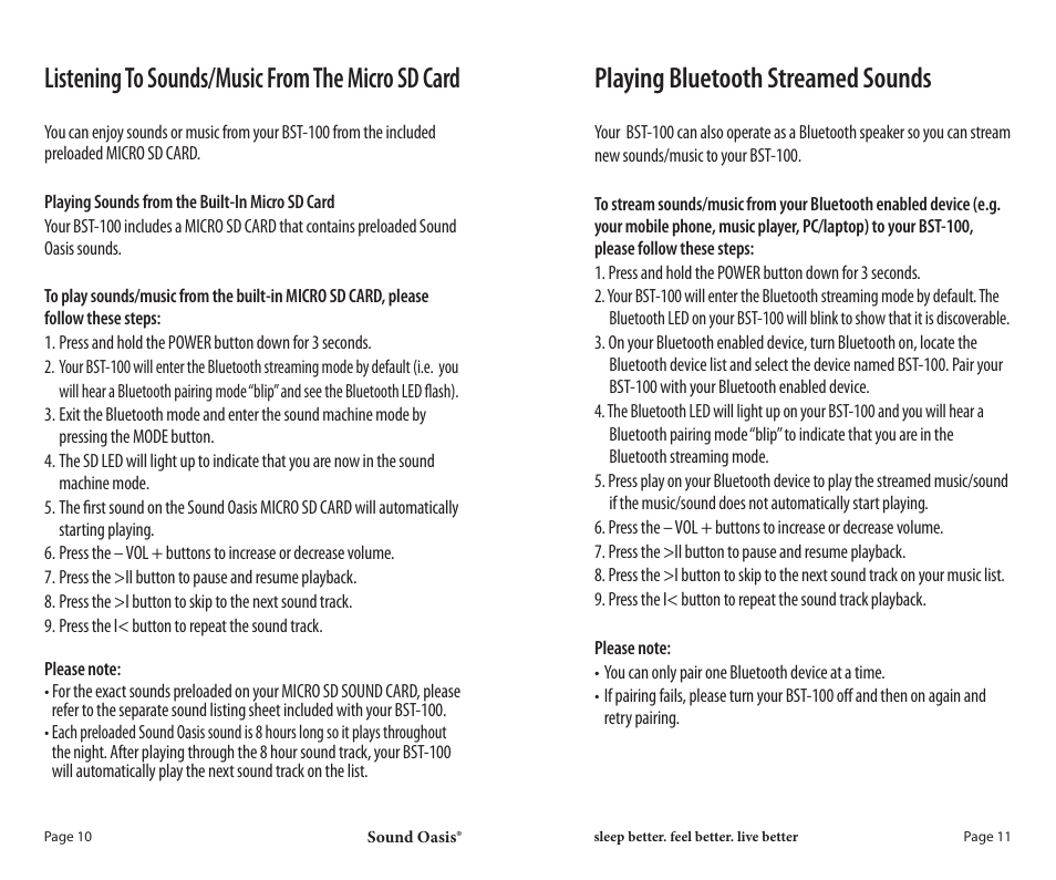 Listening to sounds/music from the micro sd card, Playing bluetooth streamed sounds | Sound Oasis BST-100 User Manual | Page 6 / 9