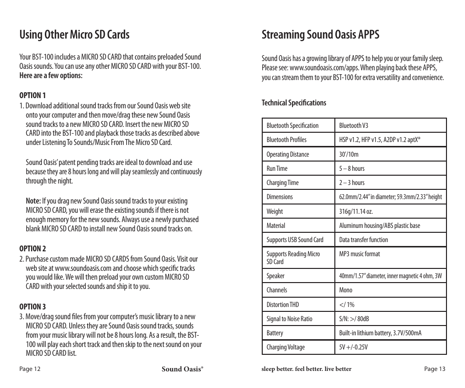 Using other micro sd cards, Streaming sound oasis apps | Sound Oasis BST-100 User Manual | Page 7 / 9