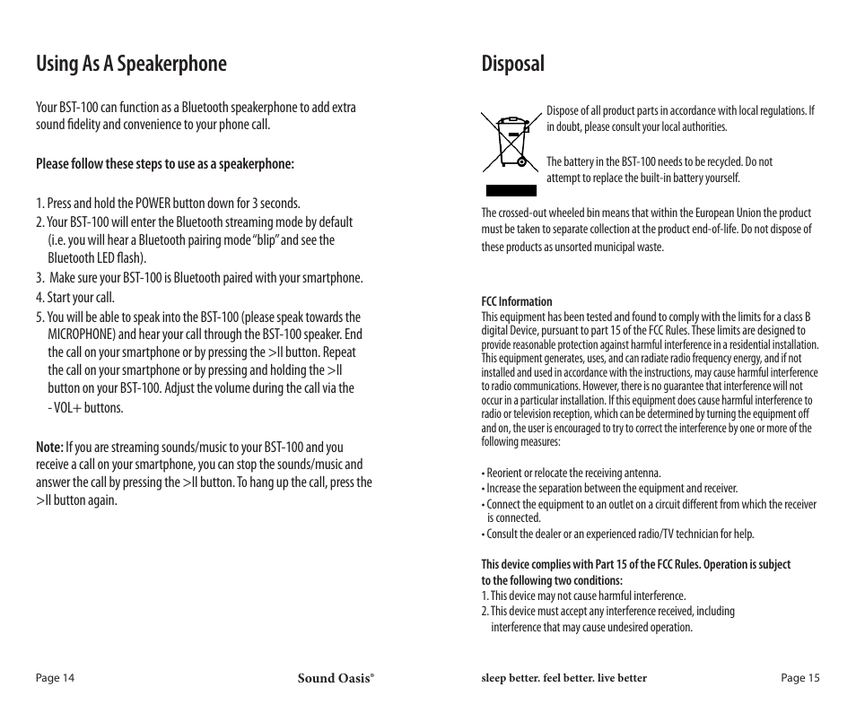 Disposal, Using as a speakerphone | Sound Oasis BST-100 User Manual | Page 8 / 9