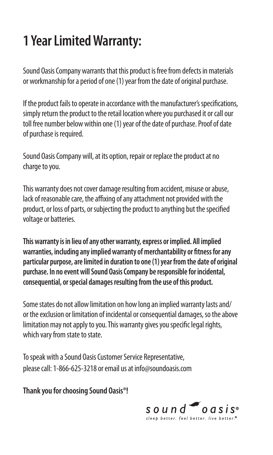 1 year limited warranty | Sound Oasis BST-100 User Manual | Page 9 / 9