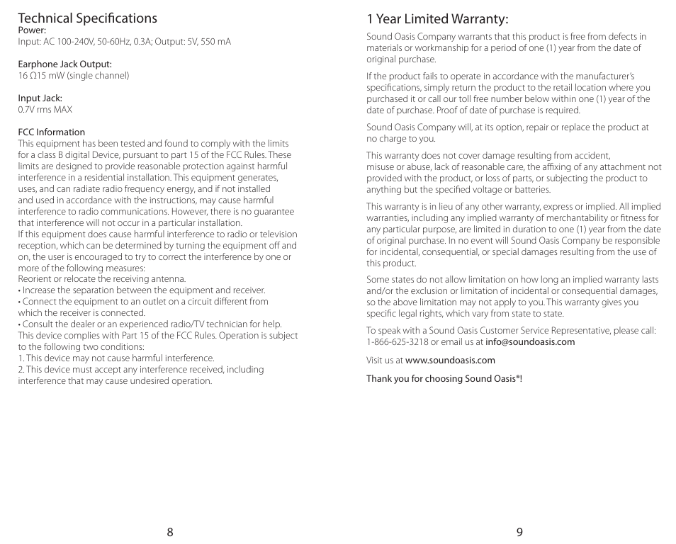 1 year limited warranty, Technical specifications | Sound Oasis S-100 User Manual | Page 6 / 6