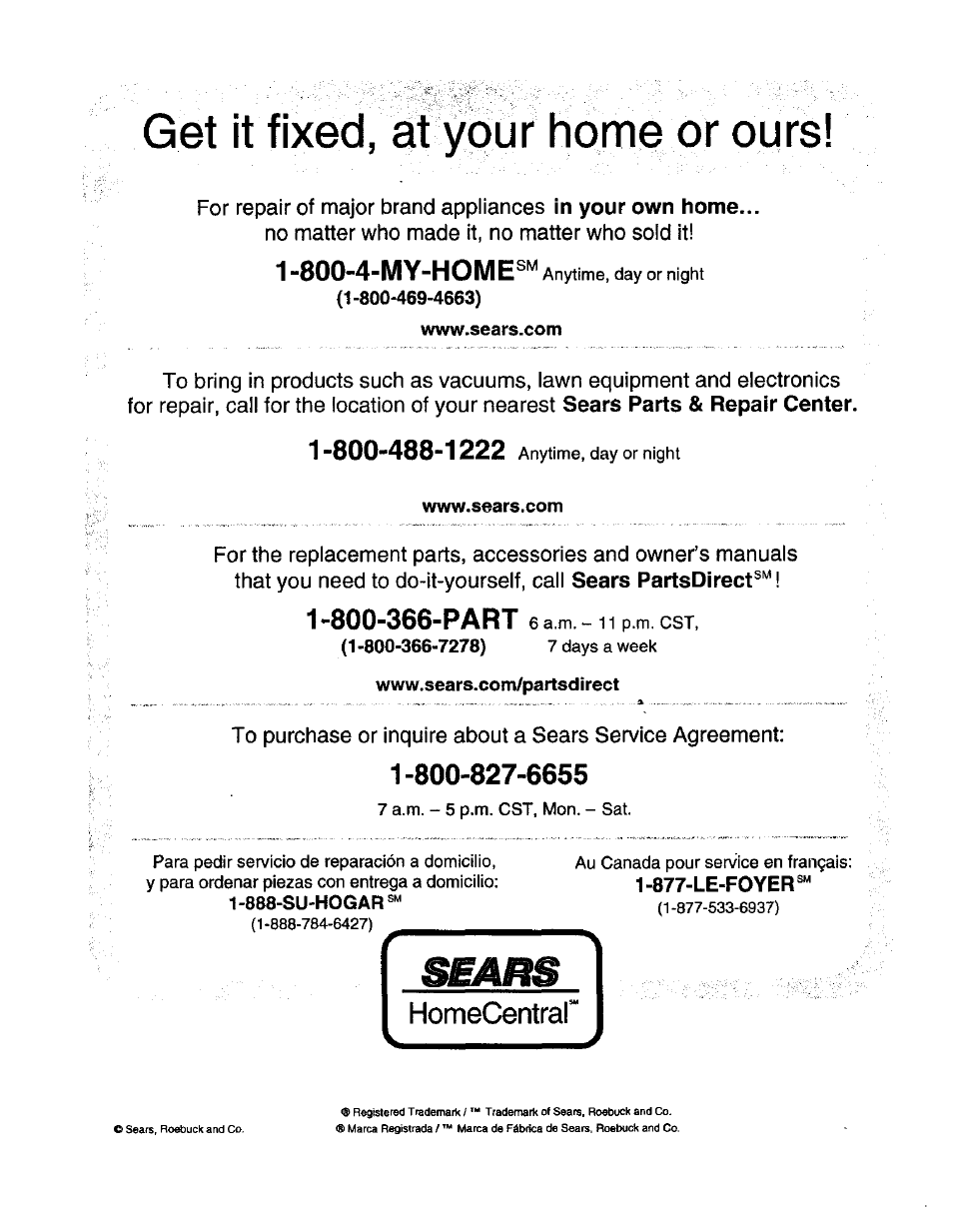 Get it fixed, at your home or ours, Www.sears.com, Www.sears.com/partsdirect | 800-4-my-home | Craftsman 486.24516 User Manual | Page 32 / 32