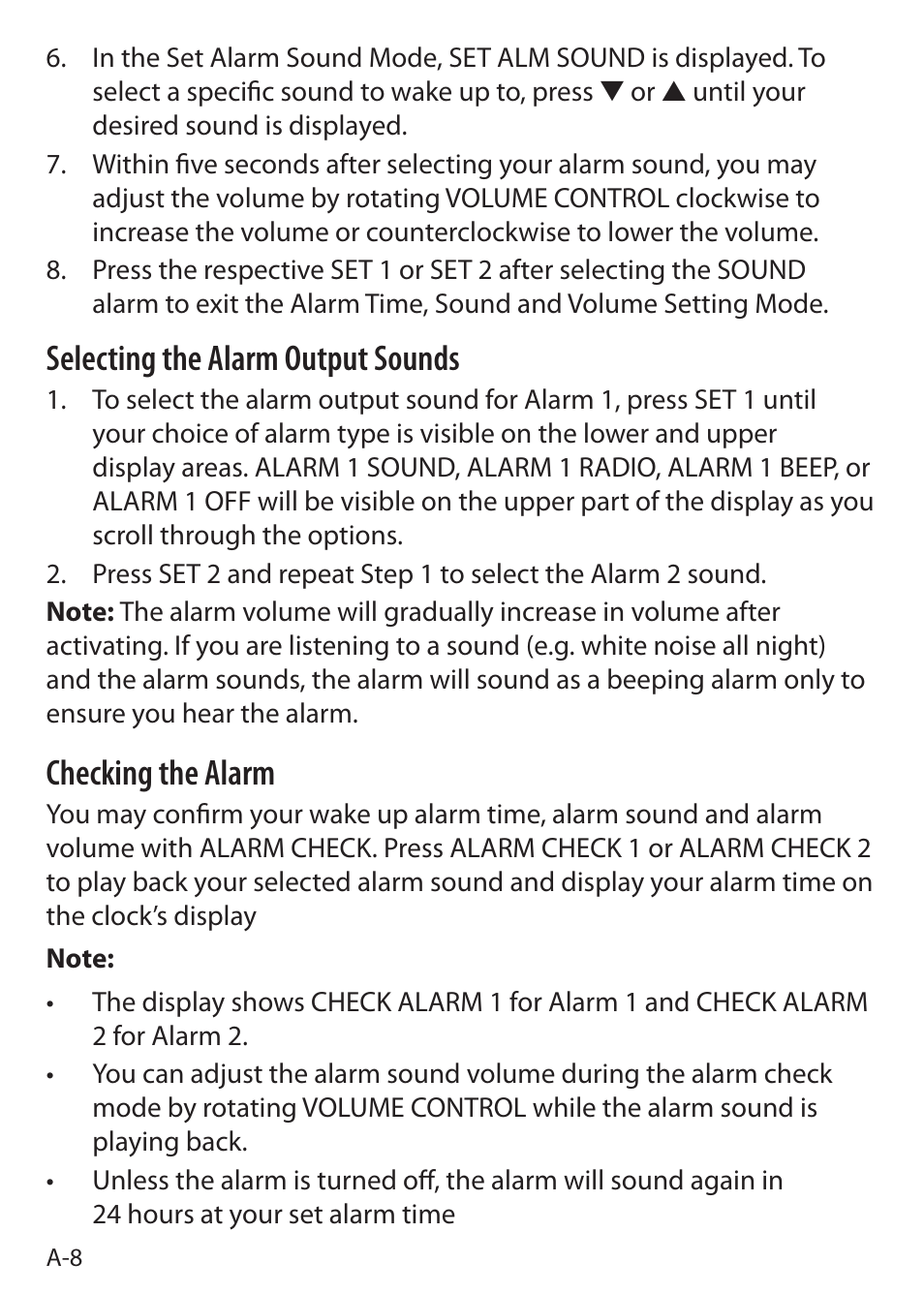 Selecting the alarm output sounds, Checking the alarm | Sound Oasis S-5000 User Manual | Page 10 / 118
