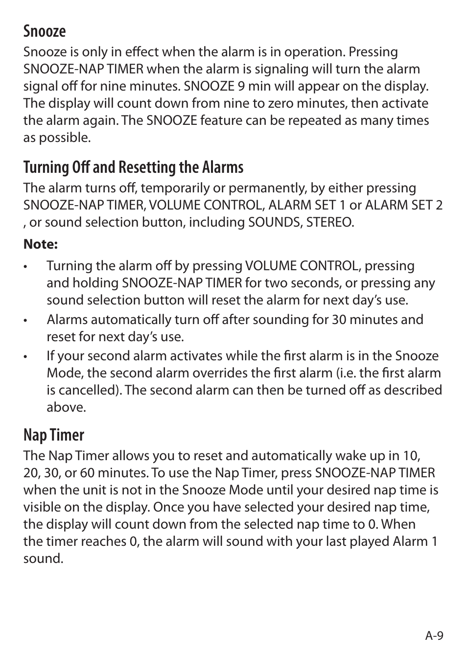 Snooze, Turning off and resetting the alarms, Nap timer | Sound Oasis S-5000 User Manual | Page 11 / 118