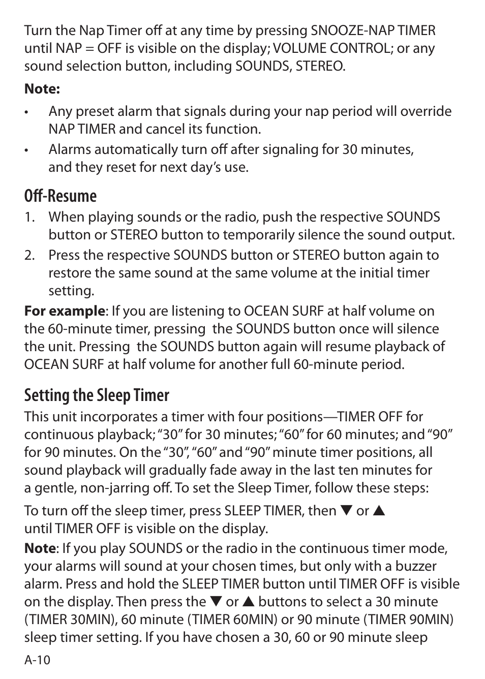 Off-resume, Setting the sleep timer | Sound Oasis S-5000 User Manual | Page 12 / 118