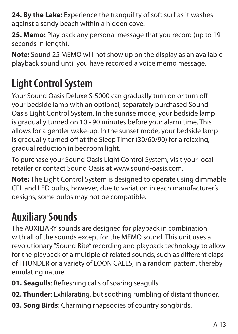 Light control system, Auxiliary sounds | Sound Oasis S-5000 User Manual | Page 15 / 118