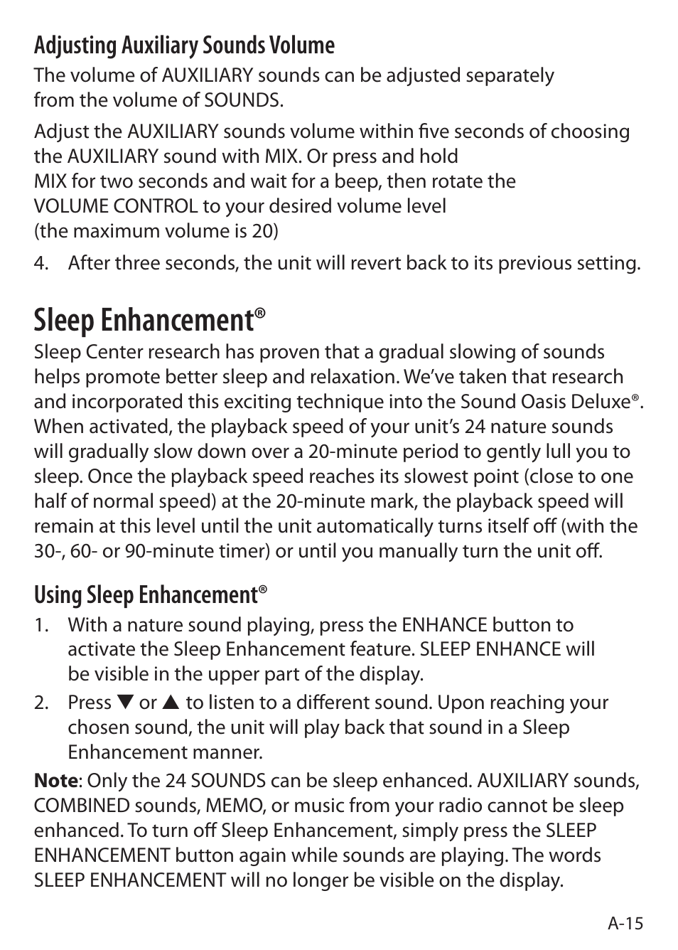 Sleep enhancement, Adjusting auxiliary sounds volume, Using sleep enhancement | Sound Oasis S-5000 User Manual | Page 17 / 118