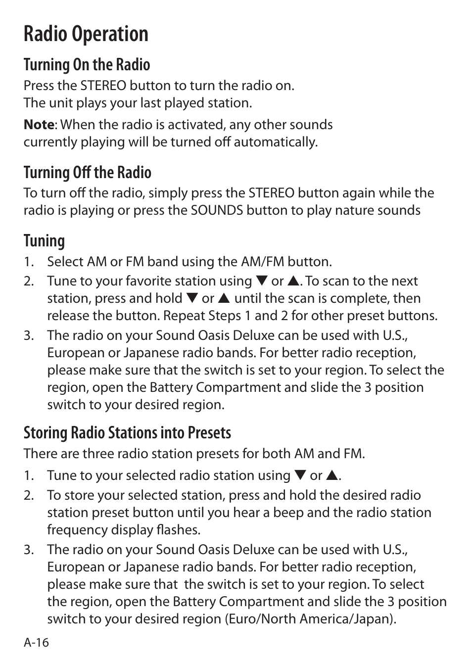 Radio operation, Turning on the radio, Turning off the radio | Tuning, Storing radio stations into presets | Sound Oasis S-5000 User Manual | Page 18 / 118