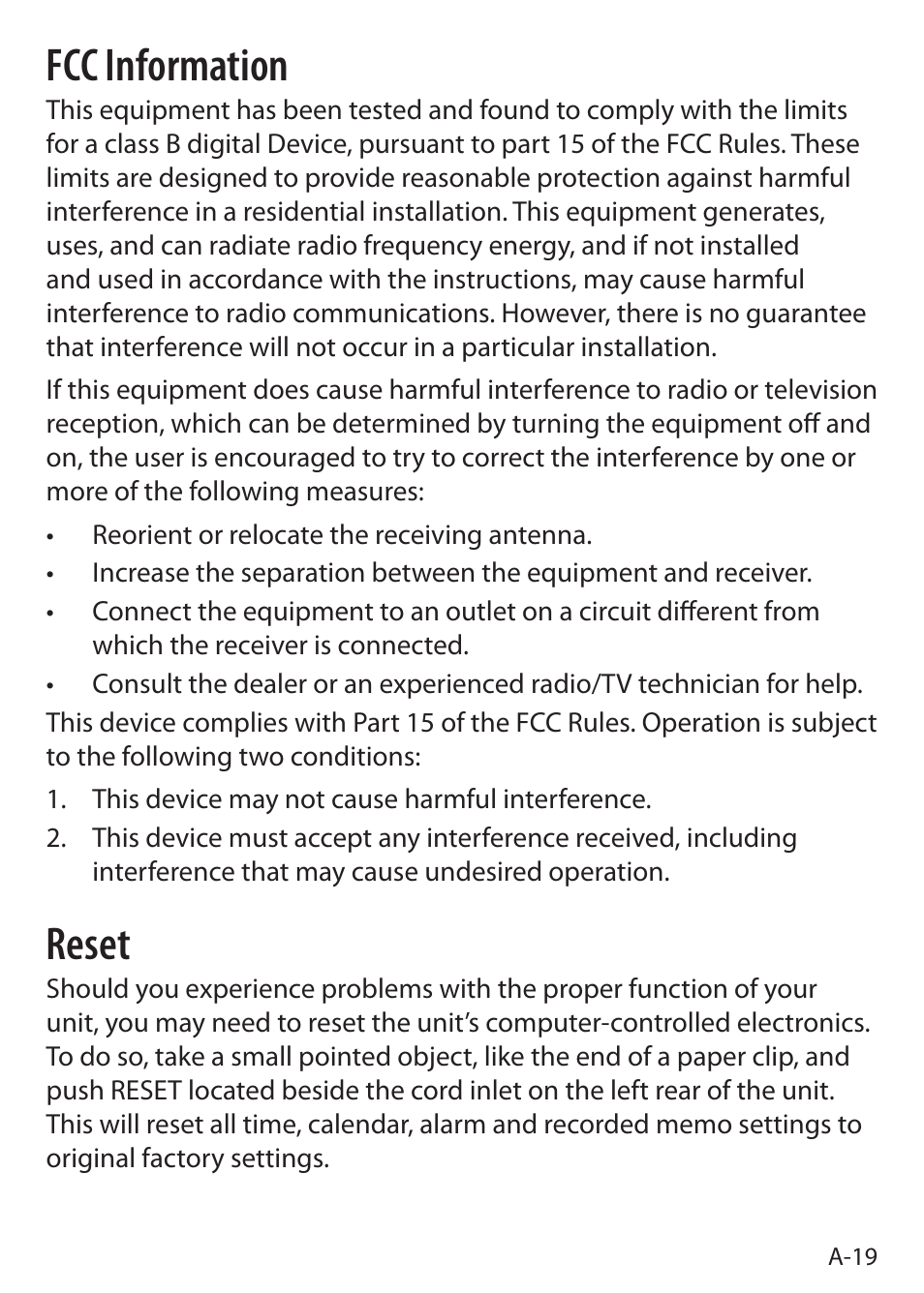 Fcc information, Reset | Sound Oasis S-5000 User Manual | Page 21 / 118