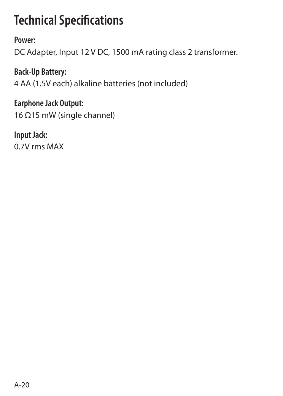 Technical specifications | Sound Oasis S-5000 User Manual | Page 22 / 118