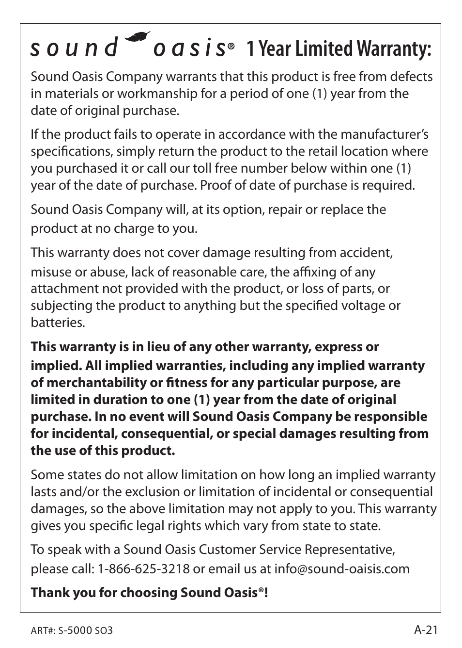 1 year limited warranty | Sound Oasis S-5000 User Manual | Page 23 / 118