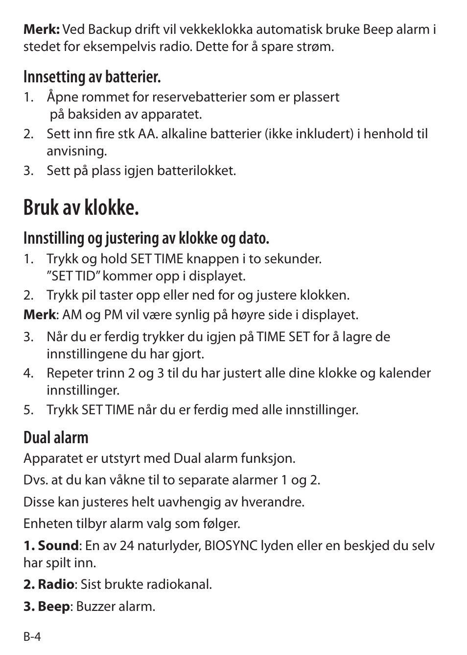 Bruk av klokke, Innsetting av batterier, Innstilling og justering av klokke og dato | Dual alarm | Sound Oasis S-5000 User Manual | Page 28 / 118