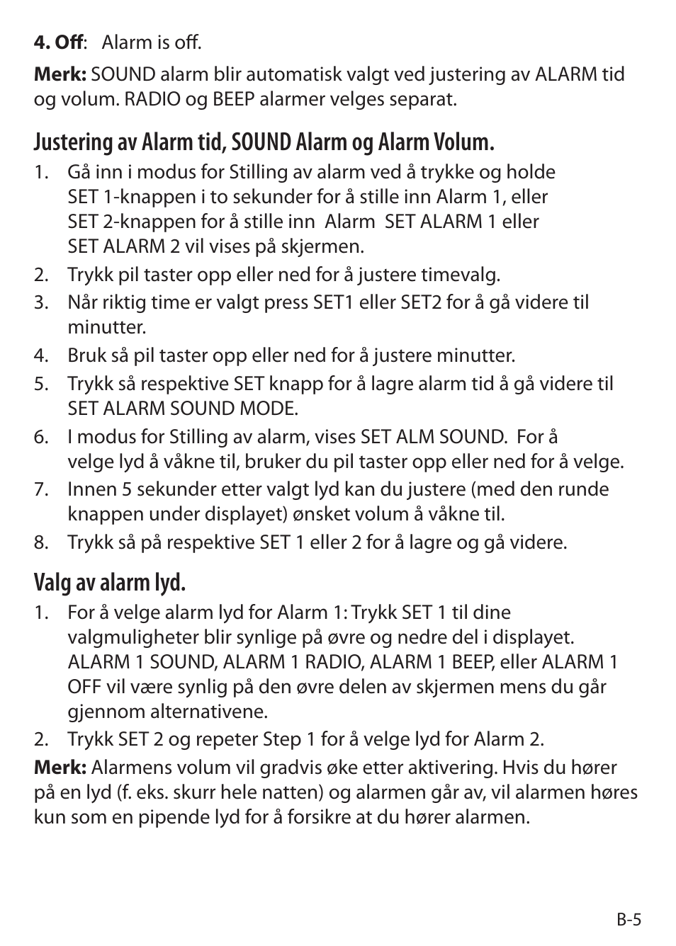 Justering av alarm tid, sound alarm og alarm volum, Valg av alarm lyd | Sound Oasis S-5000 User Manual | Page 29 / 118