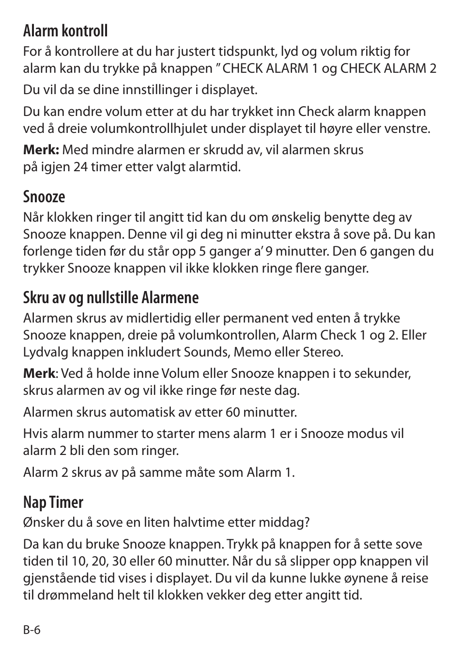 Alarm kontroll, Snooze, Skru av og nullstille alarmene | Nap timer | Sound Oasis S-5000 User Manual | Page 30 / 118