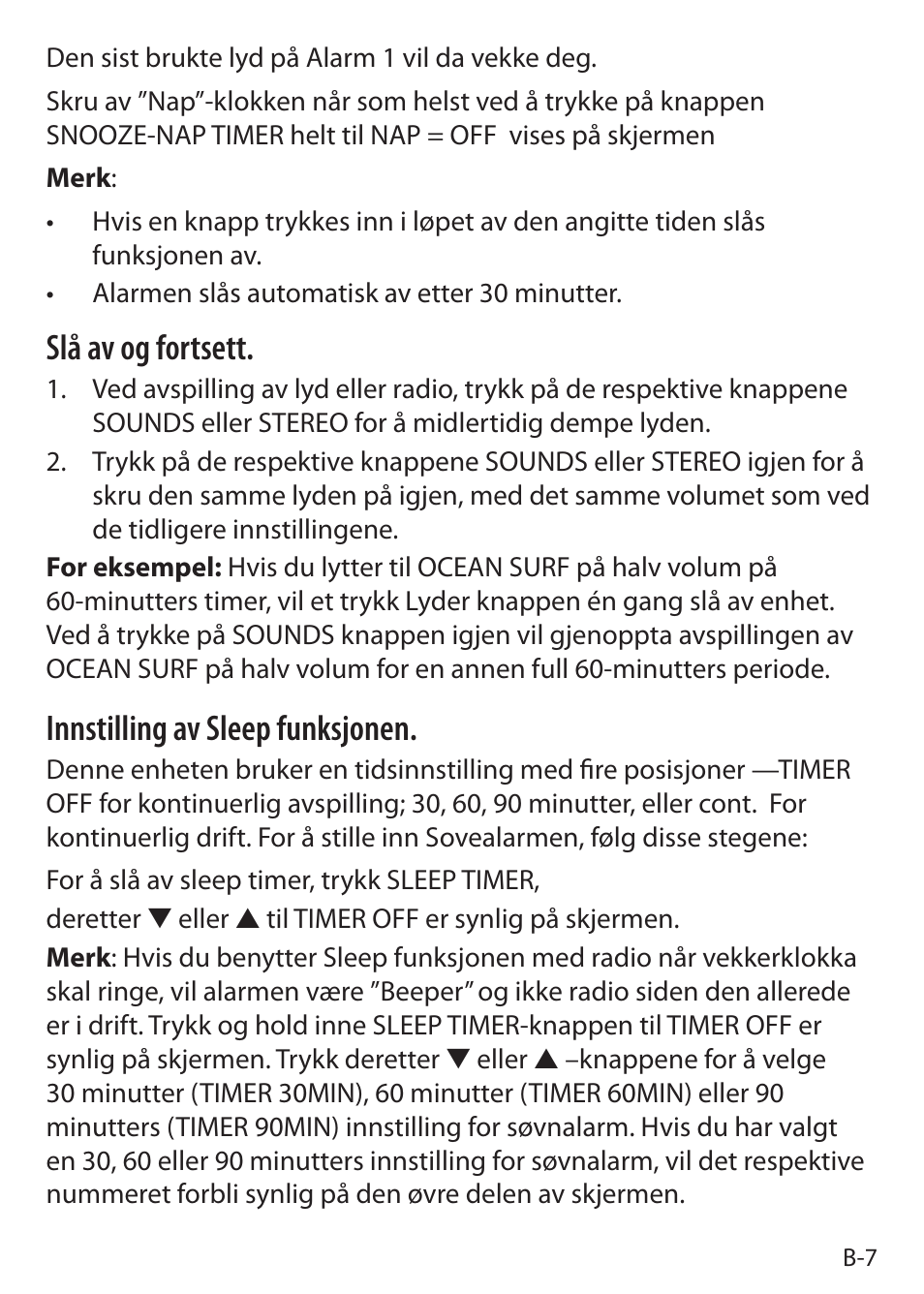 Slå av og fortsett, Innstilling av sleep funksjonen | Sound Oasis S-5000 User Manual | Page 31 / 118