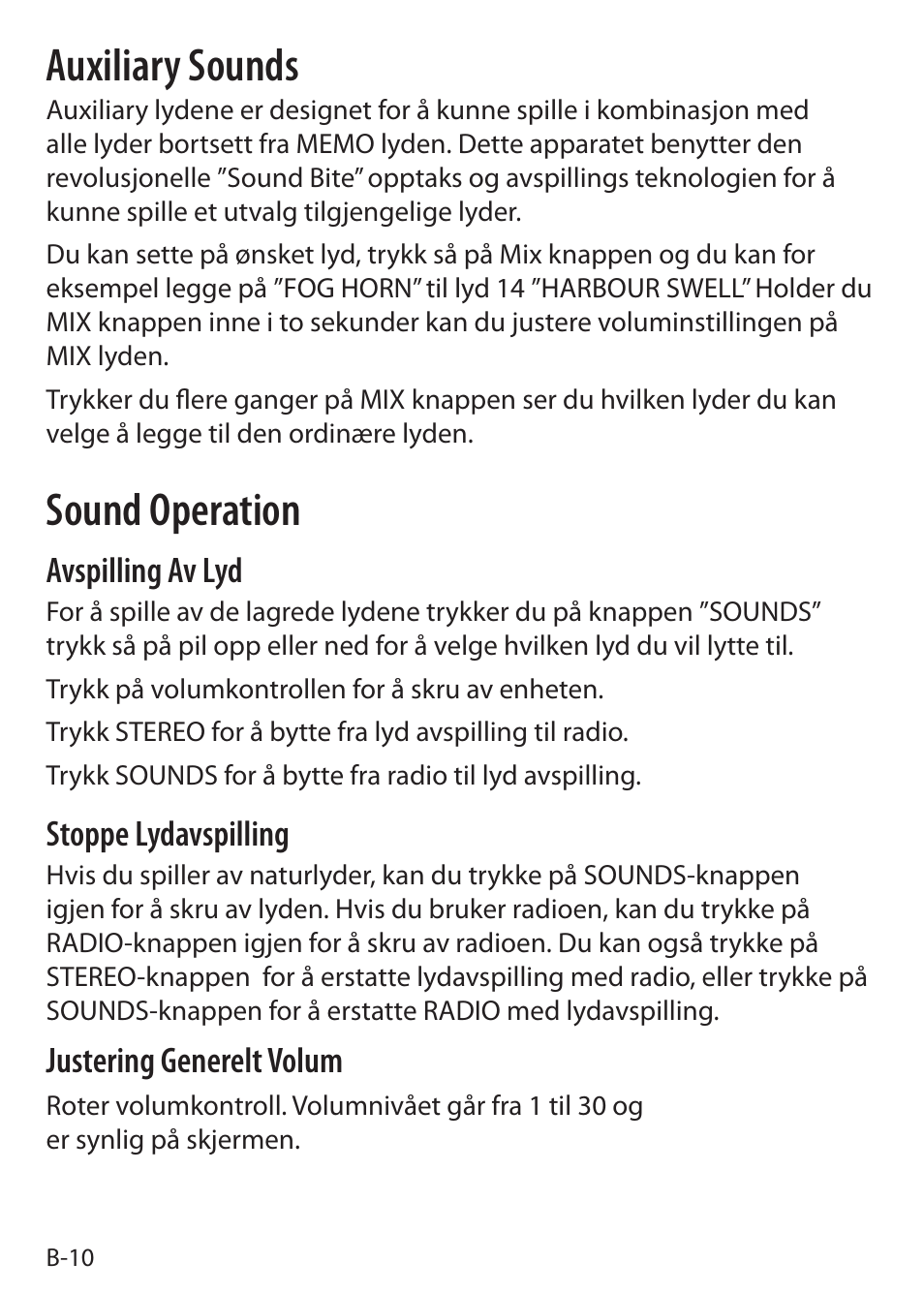 Auxiliary sounds, Sound operation, Avspilling av lyd | Stoppe lydavspilling, Justering generelt volum | Sound Oasis S-5000 User Manual | Page 34 / 118