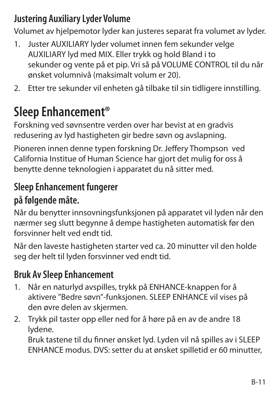 Sleep enhancement, Justering auxiliary lyder volume, Sleep enhancement fungerer på følgende måte | Bruk av sleep enhancement | Sound Oasis S-5000 User Manual | Page 35 / 118