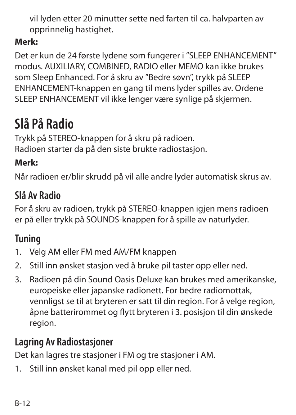 Slå på radio, Slå av radio, Tuning | Lagring av radiostasjoner | Sound Oasis S-5000 User Manual | Page 36 / 118