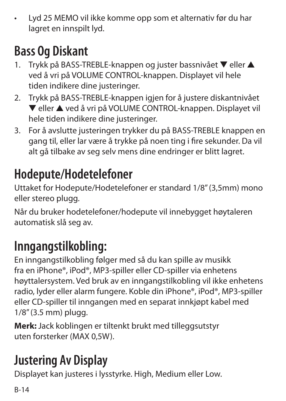 Bass og diskant, Hodepute/hodetelefoner, Inngangstilkobling | Justering av display | Sound Oasis S-5000 User Manual | Page 38 / 118
