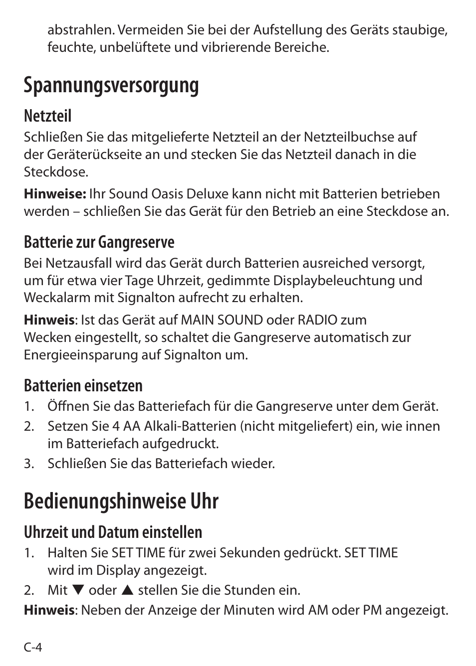 Spannungsversorgung, Bedienungshinweise uhr, Netzteil | Batterie zur gangreserve, Batterien einsetzen, Uhrzeit und datum einstellen | Sound Oasis S-5000 User Manual | Page 44 / 118