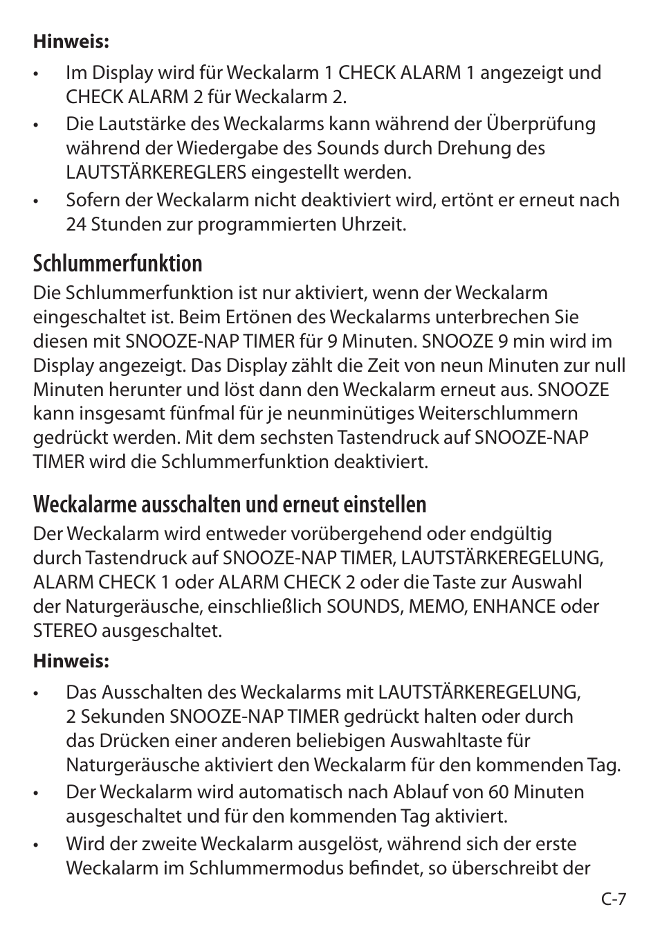 Schlummerfunktion, Weckalarme ausschalten und erneut einstellen | Sound Oasis S-5000 User Manual | Page 47 / 118