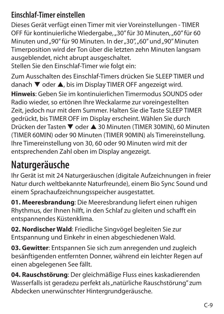 Naturgeräusche, Einschlaf-timer einstellen | Sound Oasis S-5000 User Manual | Page 49 / 118